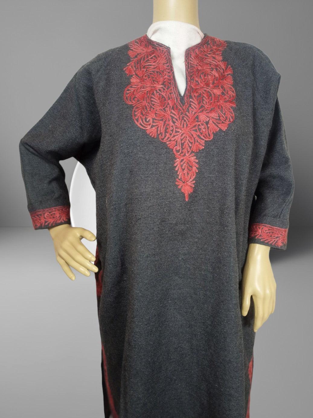 Dark grey traditional Pashmina shawl with red floral embroidery on neckline and sleeves displayed on mannequin