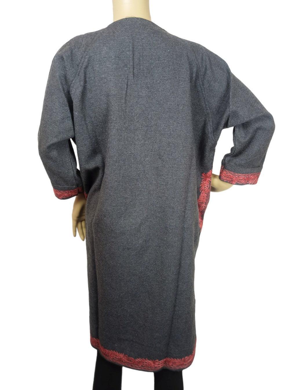 Back view of dark gray woolen coat with red embroidered borders on sleeves and hem, displayed on mannequin