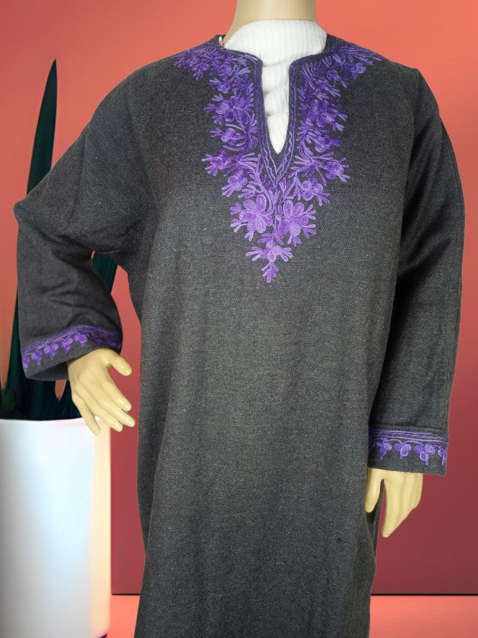 Dark gray traditional wool kurta with intricate purple floral embroidery on neckline and cuffs displayed on mannequin