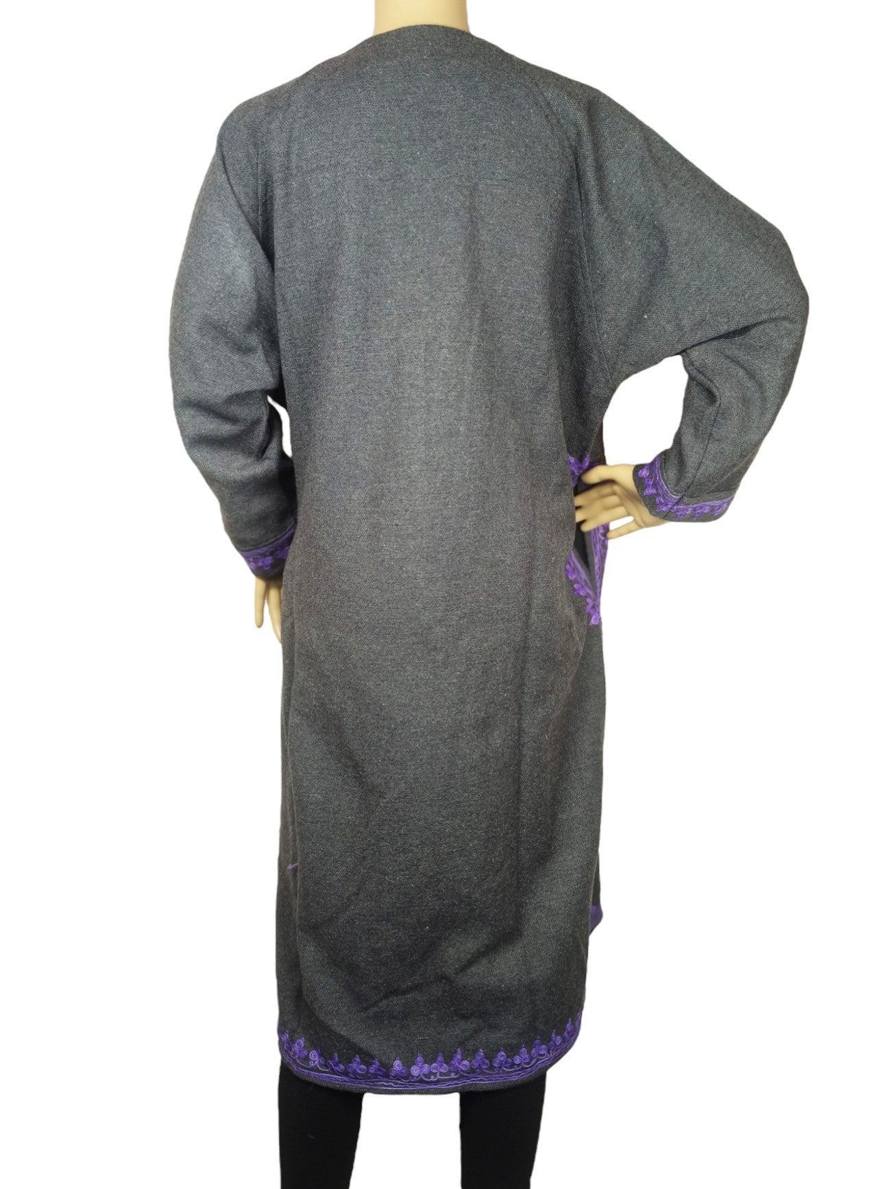 Back view of a gray woolen coat with purple embroidered borders, long sleeves, and knee-length design