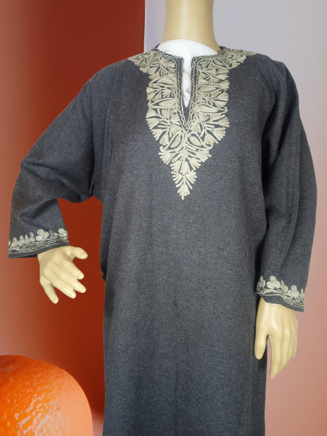 Gray traditional kurta with intricate white floral embroidery on neckline and cuffs displayed on mannequin