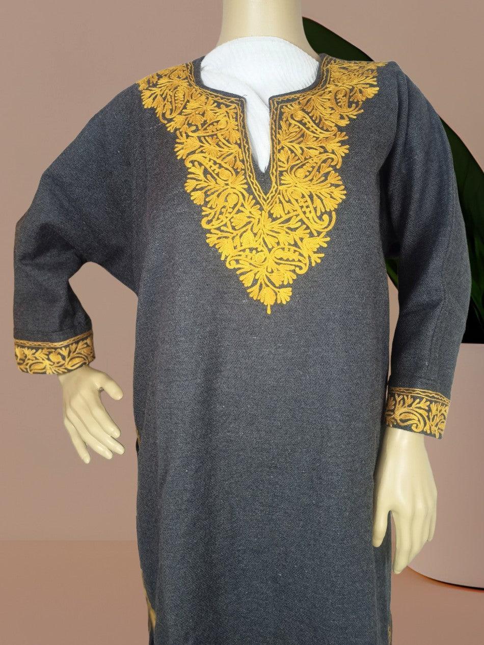 Dark gray pashmina shawl with intricate yellow floral embroidery on neckline and cuffs displayed on mannequin