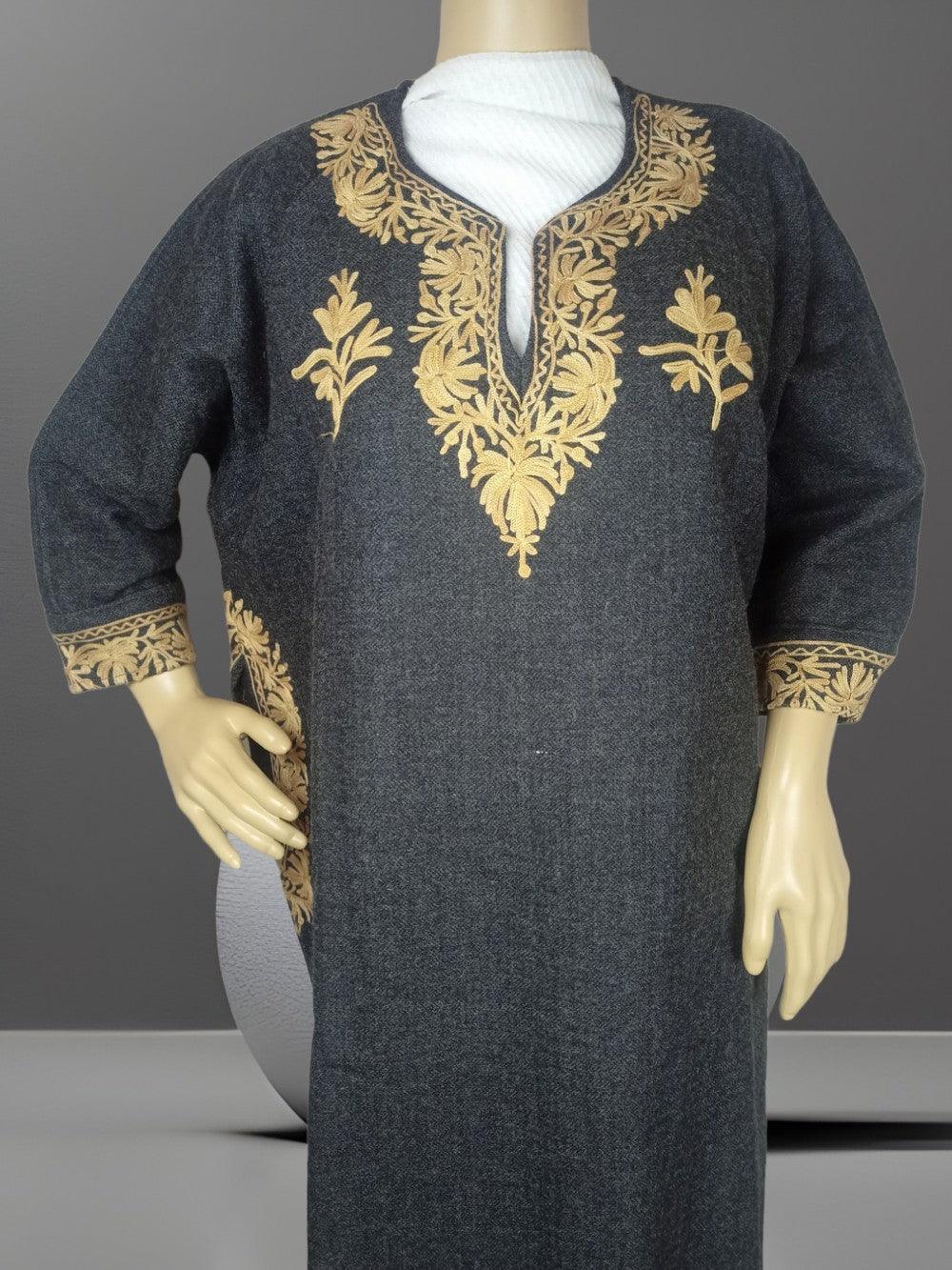 Dark gray woolen traditional Pashmina kurta with golden floral embroidery on neckline, sleeves, and sides