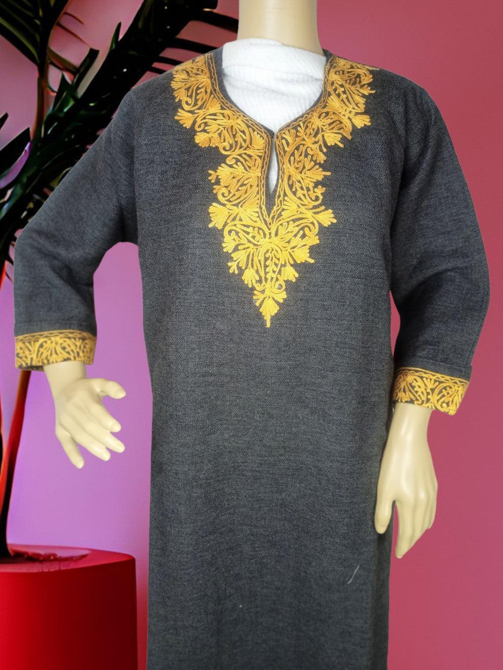 Dark grey traditional kurta with golden yellow floral embroidery on neckline and cuffs displayed on mannequin