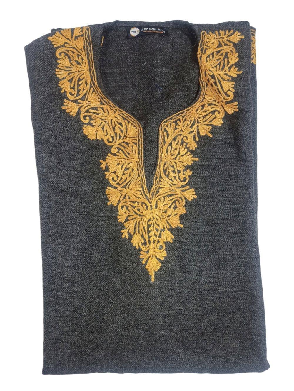 Folded dark gray Pashmina shawl with intricate golden floral embroidery around the neckline from Zanskar Arts