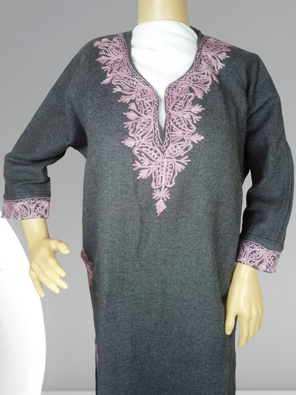 Grey long-sleeve kurta with pink floral embroidery on neckline and cuffs displayed on mannequin