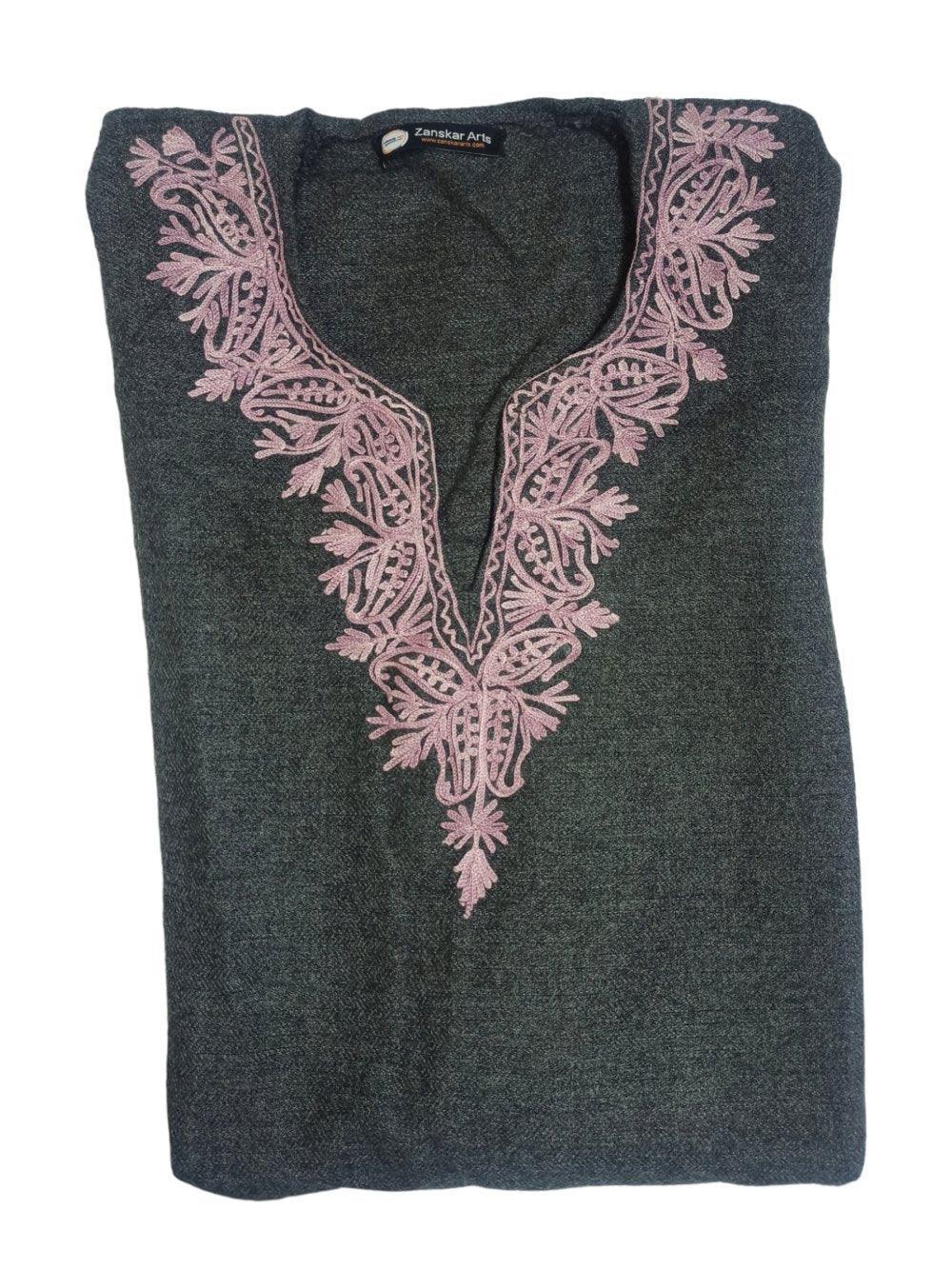 Folded dark grey pashmina shawl with intricate pink floral embroidery around the neckline from Zanskar Arts