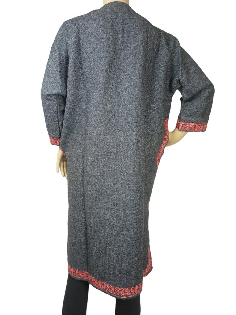 Back view of grey woolen coat with red embroidery on cuffs and hem, traditional ethnic design
