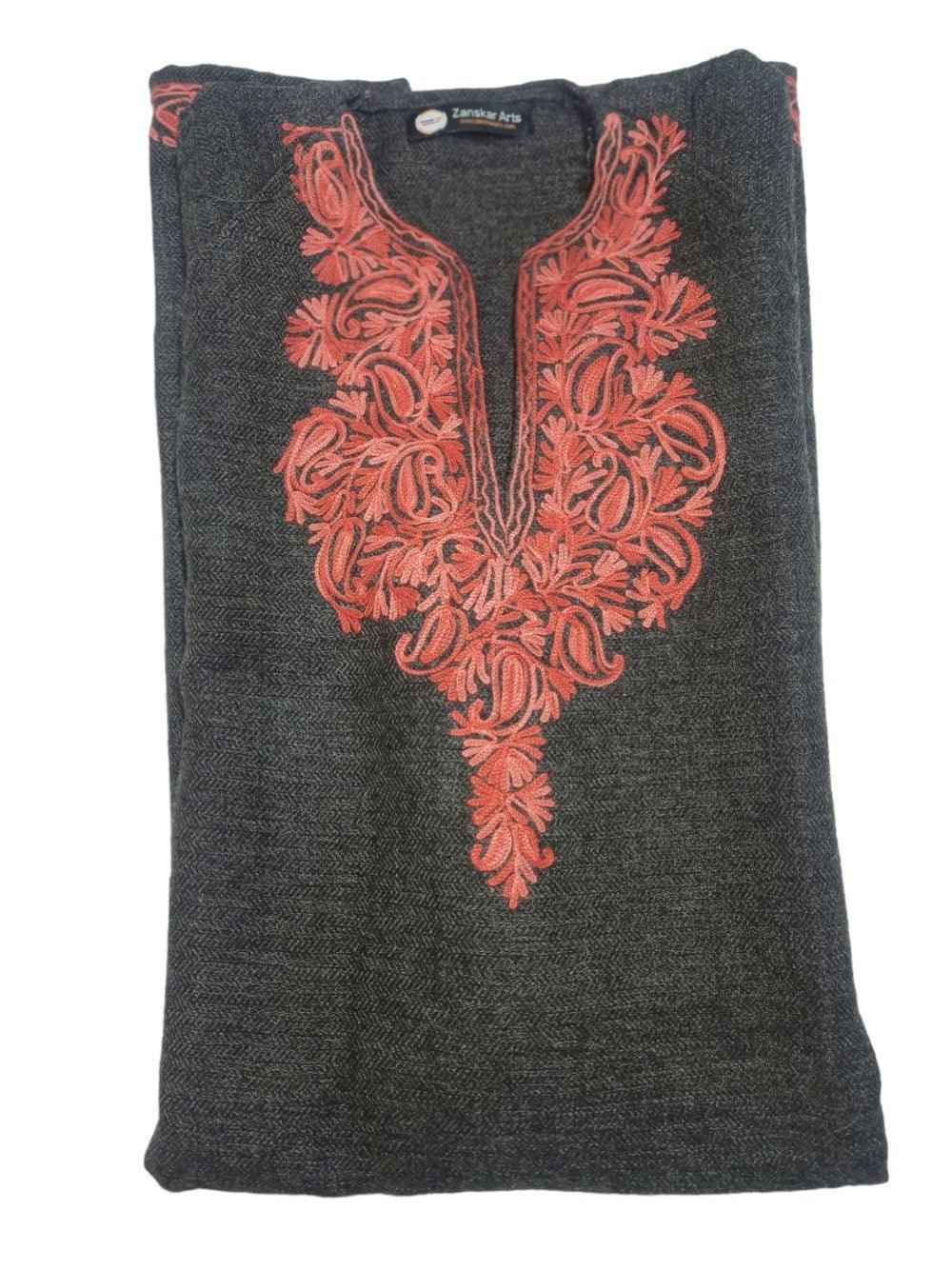 Dark grey pashmina shawl with intricate red embroidery on the neckline, folded neatly