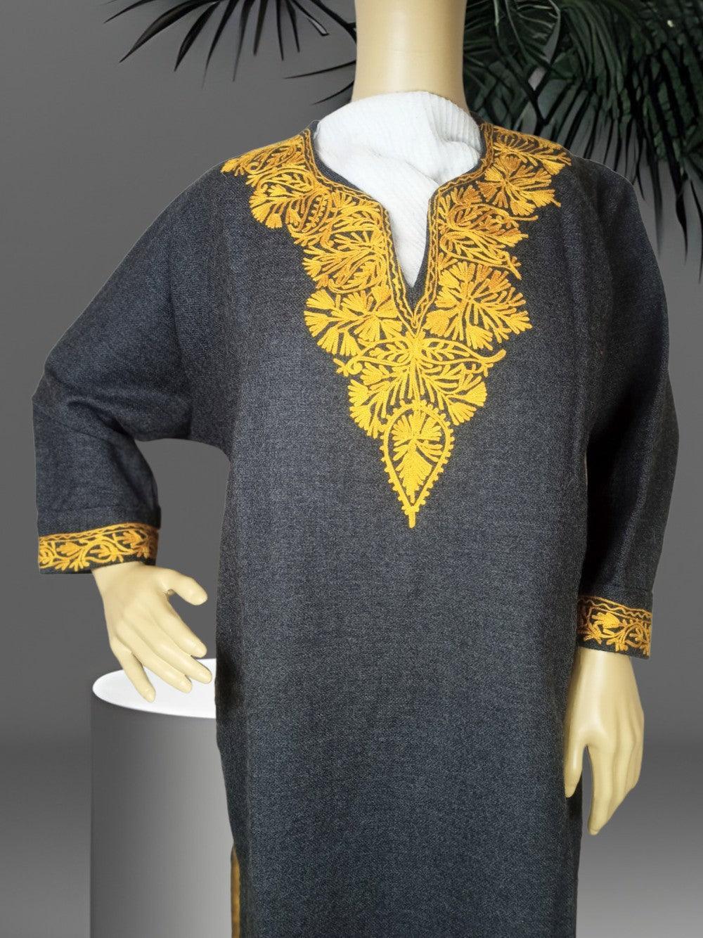 Dark gray traditional embroidered wool kurta with yellow floral neckline and cuff designs on mannequin