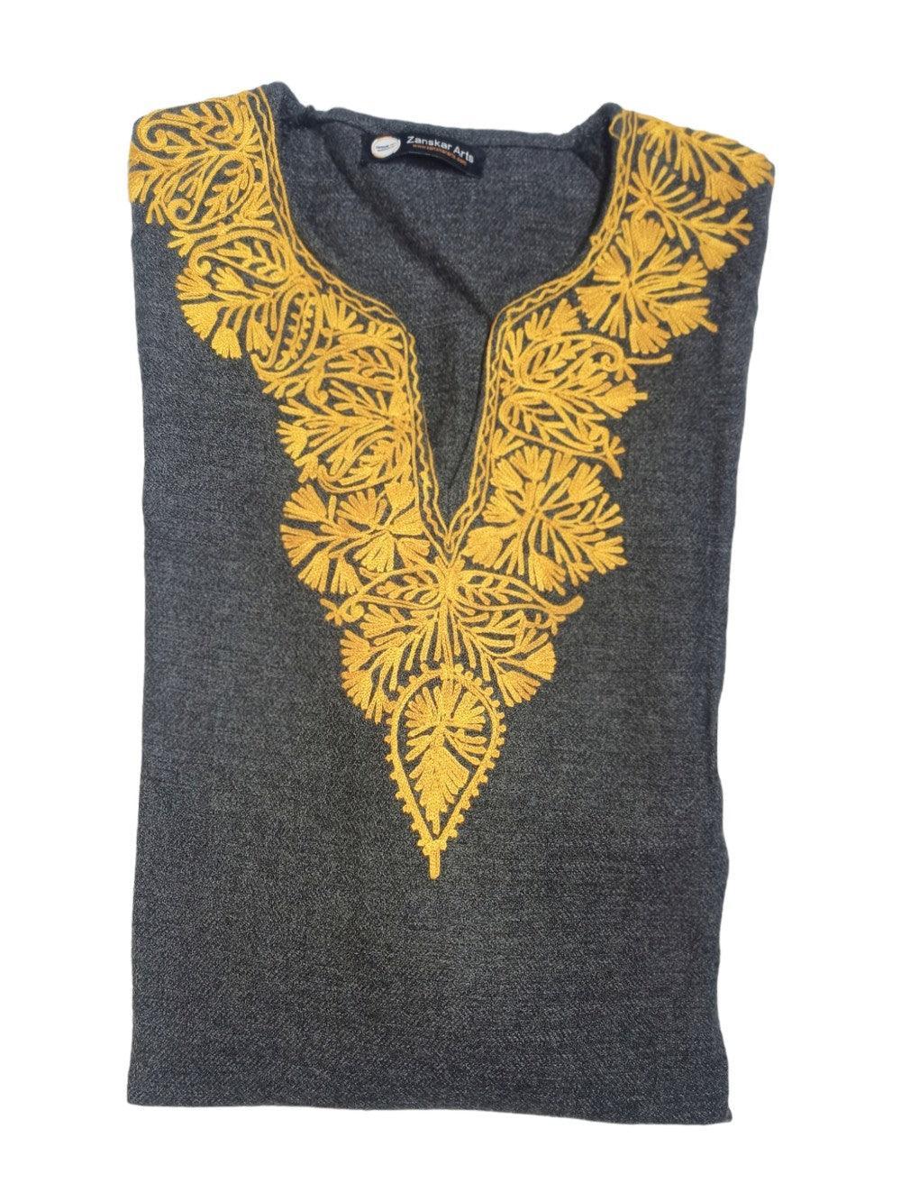 Dark grey kurta with intricate yellow floral embroidery around the neckline from Zanskar Arts