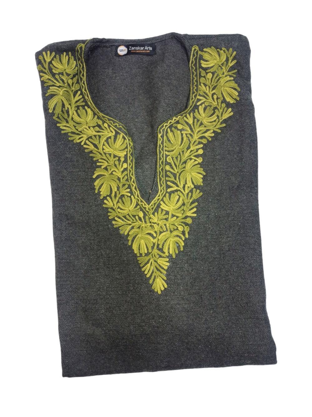 Dark grey woolen kurta with intricate yellow floral embroidery around neck, Zanskar Arts label