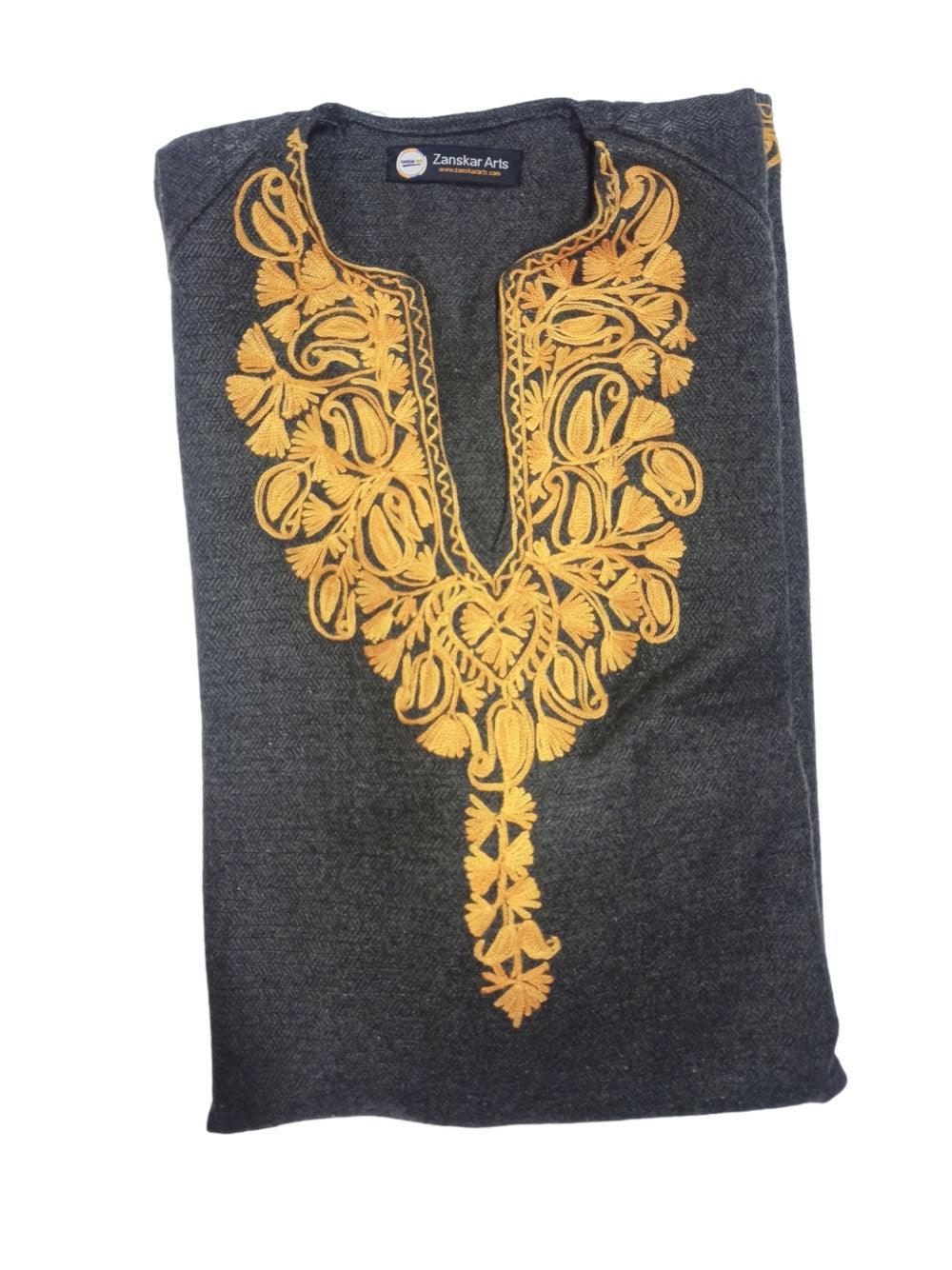 Folded dark gray traditional kurta with intricate golden floral embroidery from Zanskar Arts