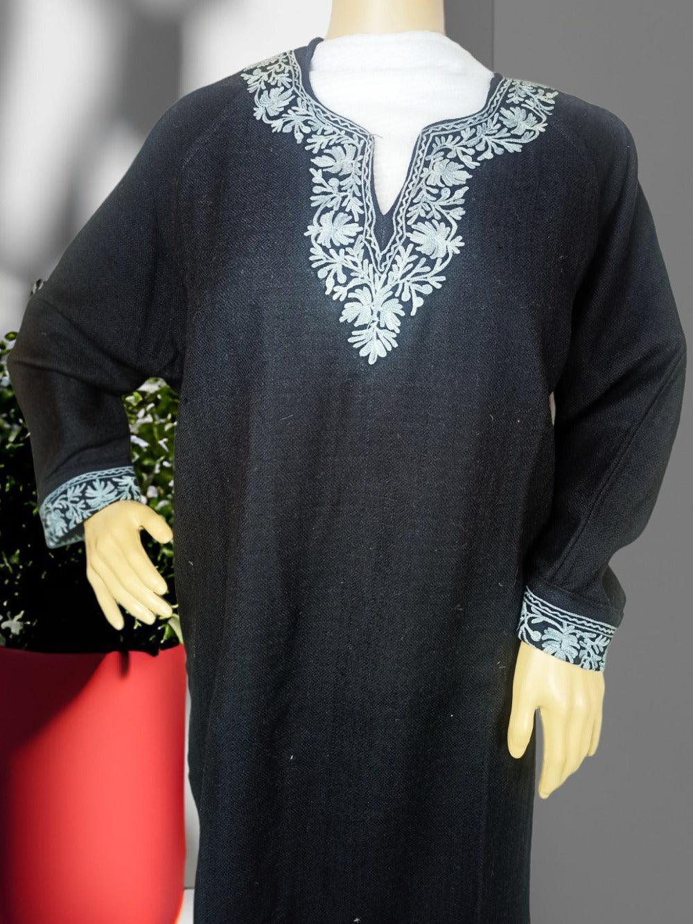 Black traditional kurta with light blue floral embroidery on neckline and cuffs displayed on mannequin