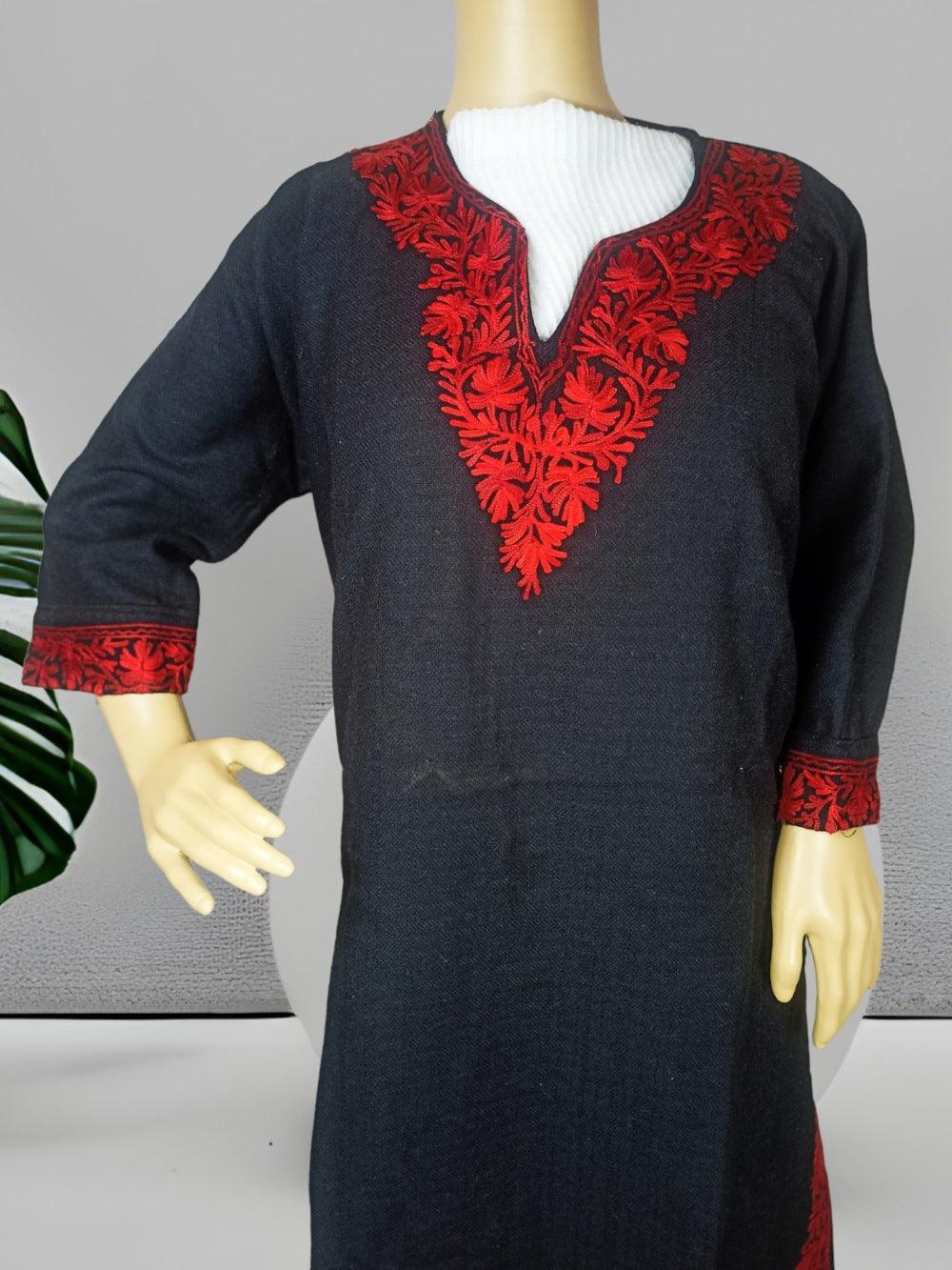 Black Pashmina kurta with vibrant red floral embroidery on neckline and cuffs, displayed on mannequin
