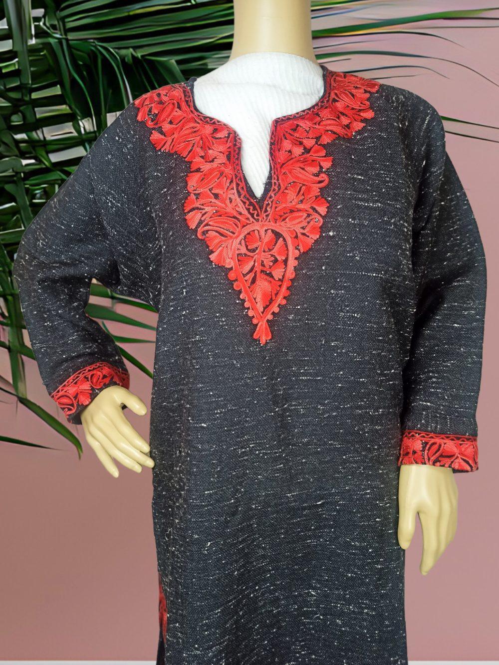 Dark grey traditional kurta with intricate red embroidered neckline and sleeve cuffs on mannequin