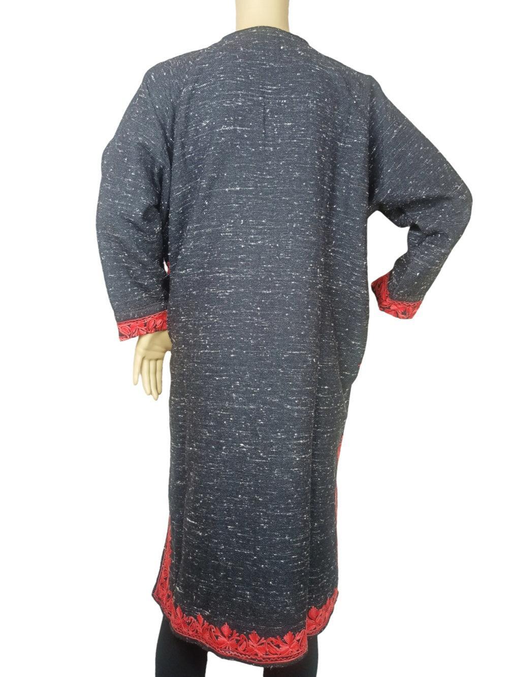 Dark gray long coat with red embroidered cuffs and hem, displayed on mannequin from back