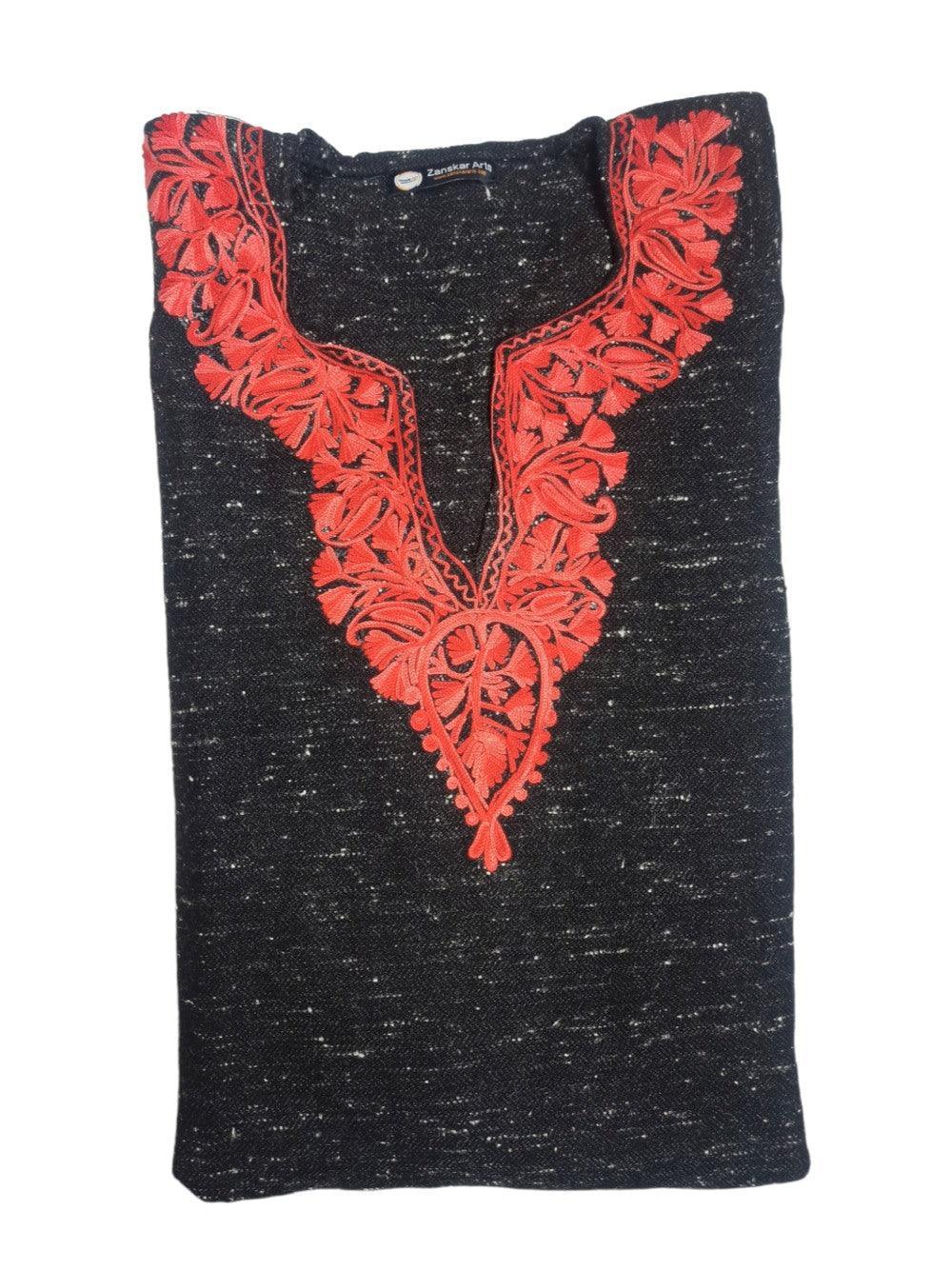 Black traditional kurta with intricate red floral embroidery around neckline from Zanskar Arts