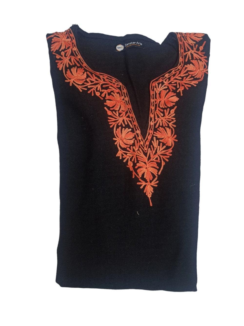Black folded pashmina shawl with intricate orange floral embroidery around neckline from Zanskar Arts