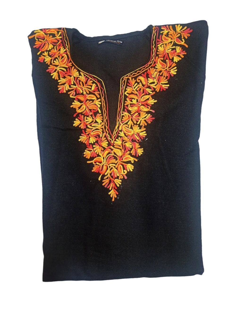 Black pashmina shawl with intricate orange and yellow floral embroidery around neckline from Zanskar Arts