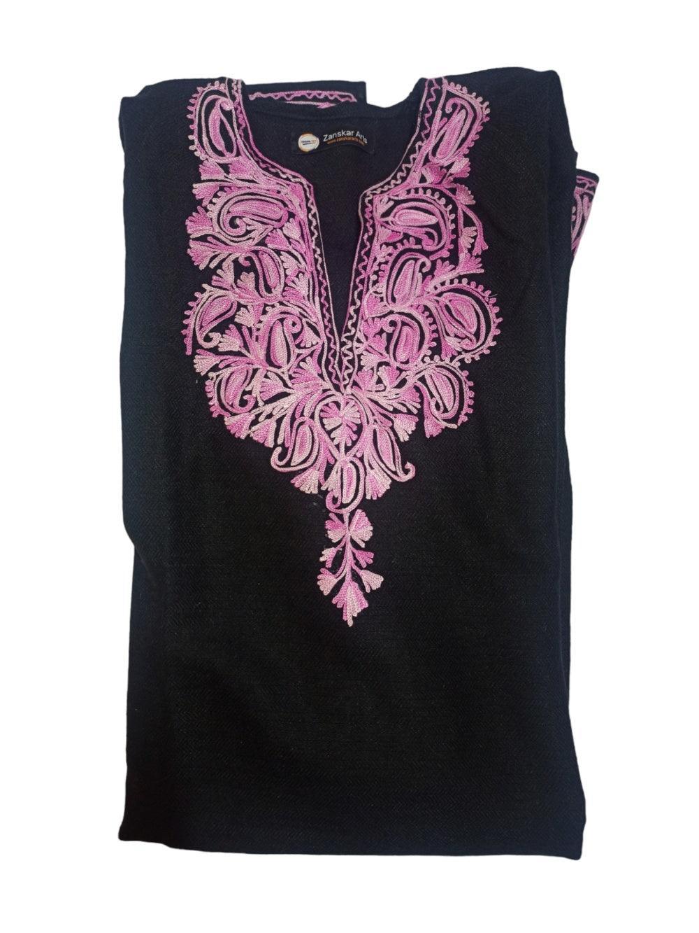 Black Pashmina shawl with intricate pink floral embroidery around neckline from Zanskar Arts