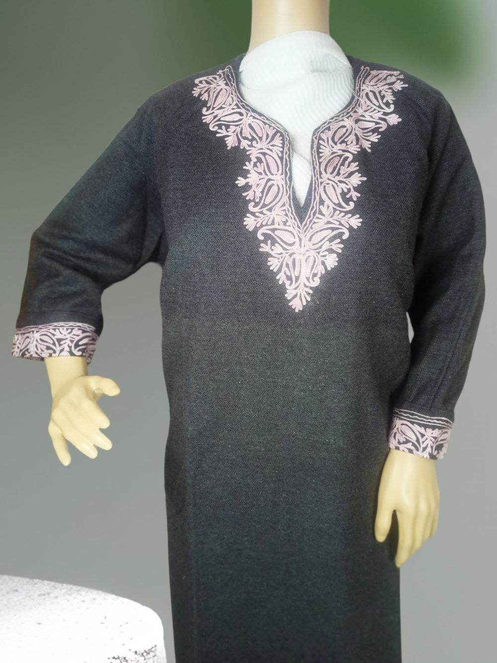 Dark grey traditional Indian kurta with pink floral embroidery on neckline and cuffs displayed on mannequin