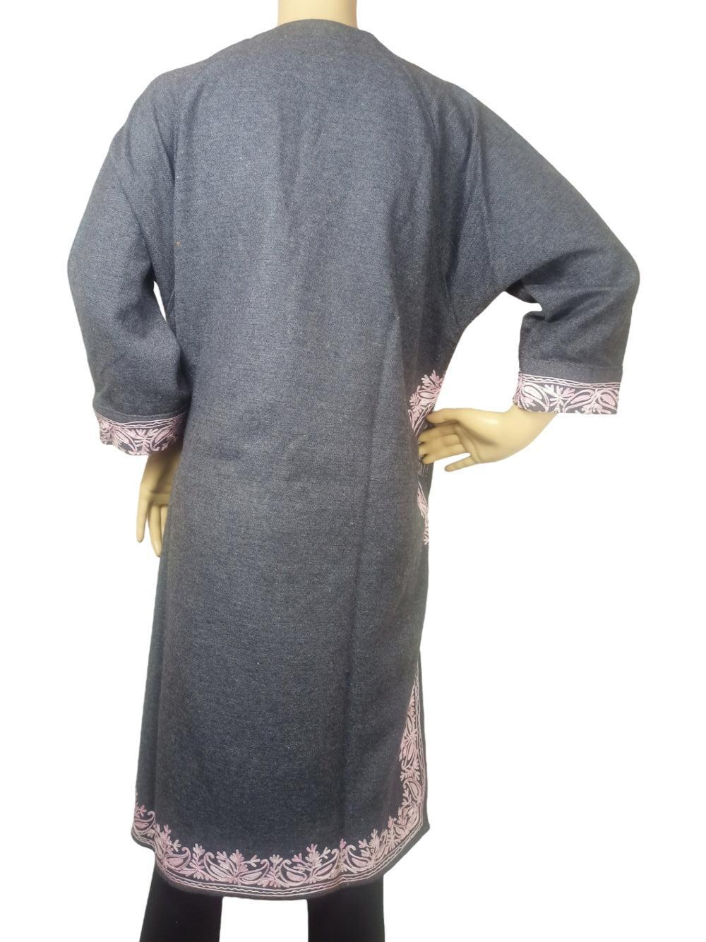 Back view of gray pashmina shawl with pink embroidered floral border on sleeves and hem