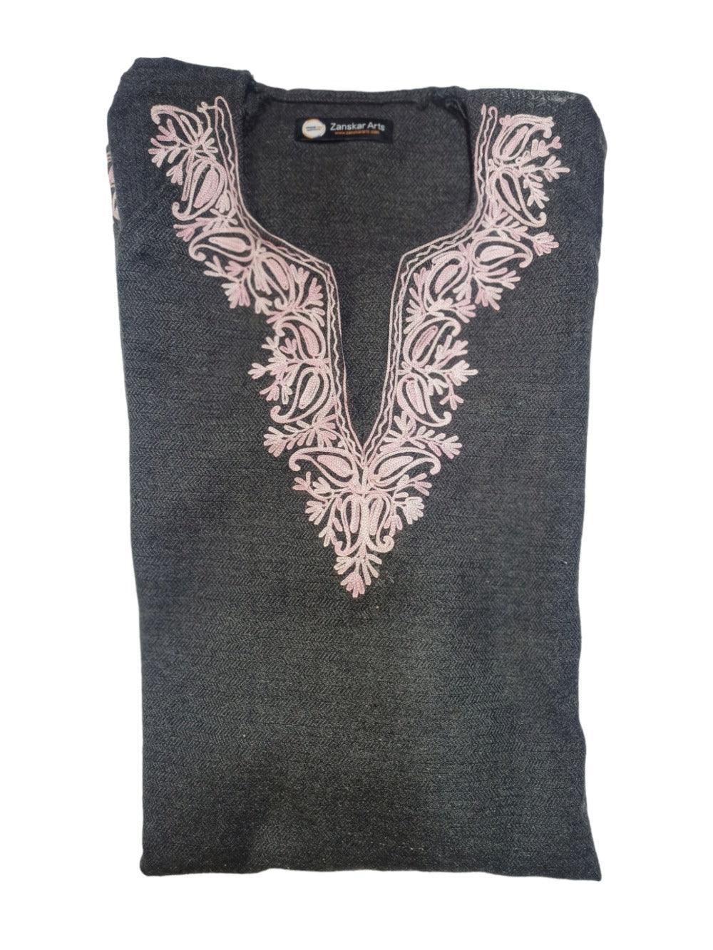 Folded dark grey pashmina shawl with pink floral embroidery around V-neck, Zanskar Arts label