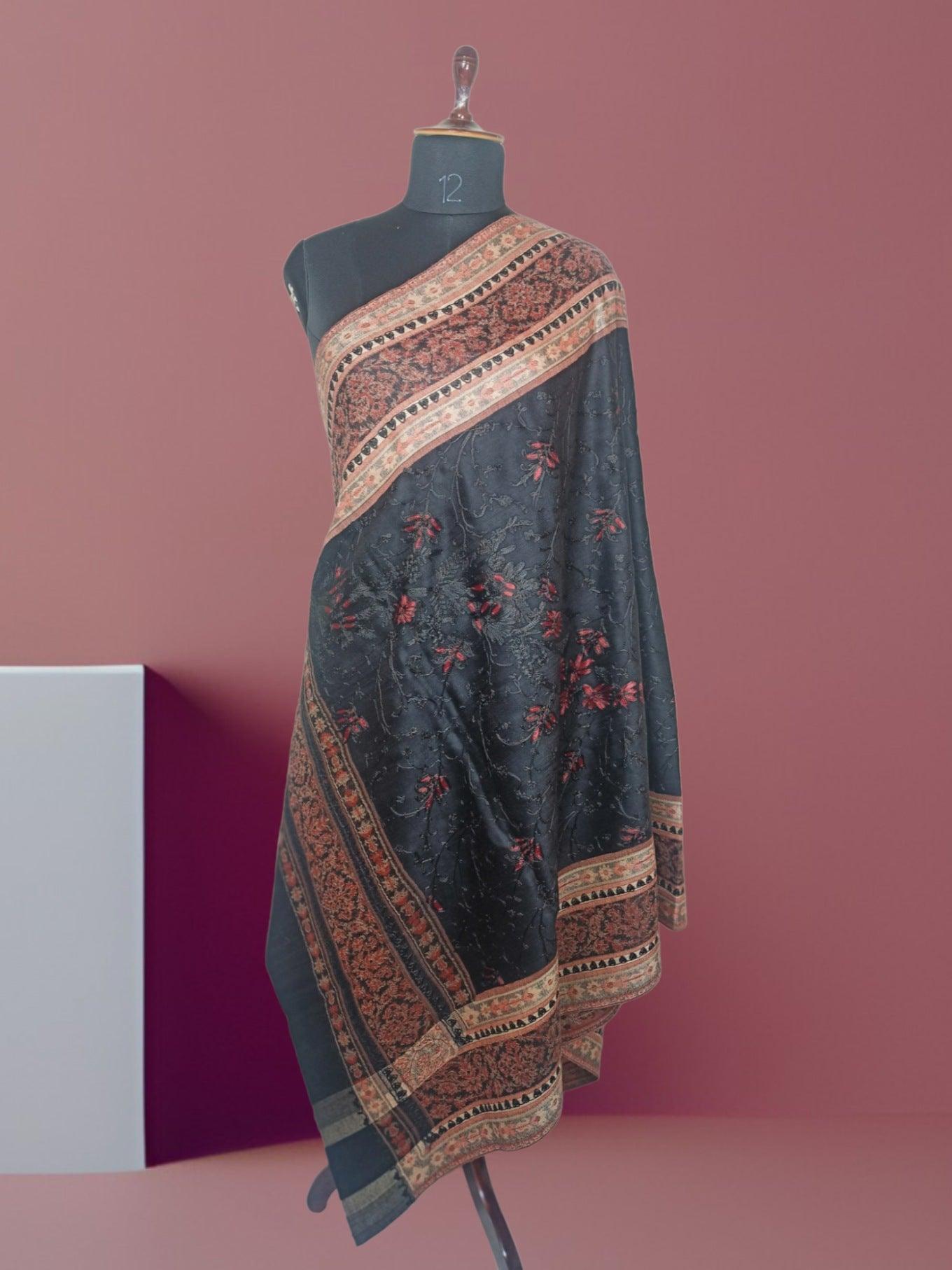 Kashmiri Wool Work Shawl | Black | Handwork - ZANSKAR ARTS