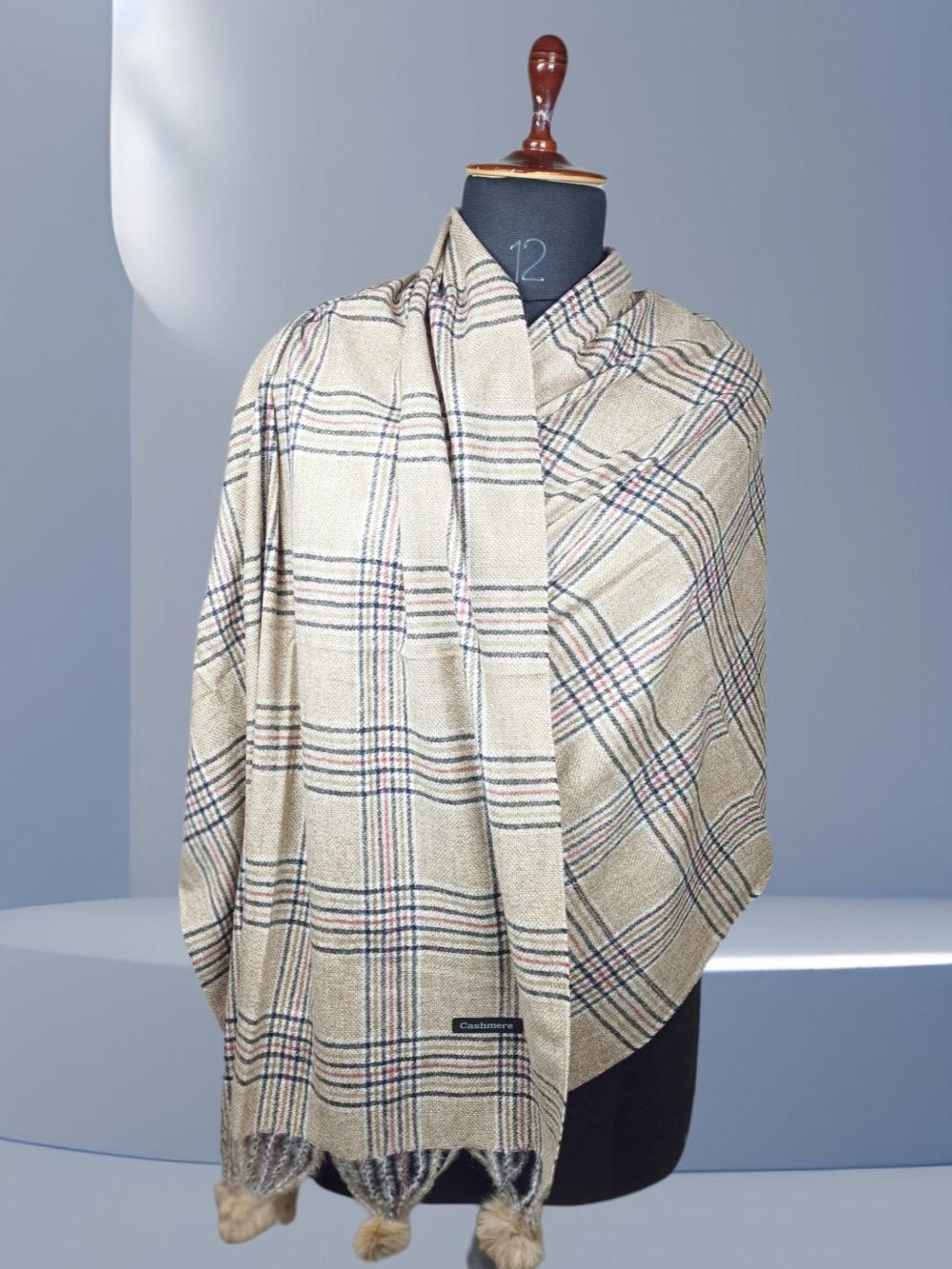 Cashmere Woolen Stole | Reversible Stole | Check Design With Fur Balls - ZANSKAR ARTS