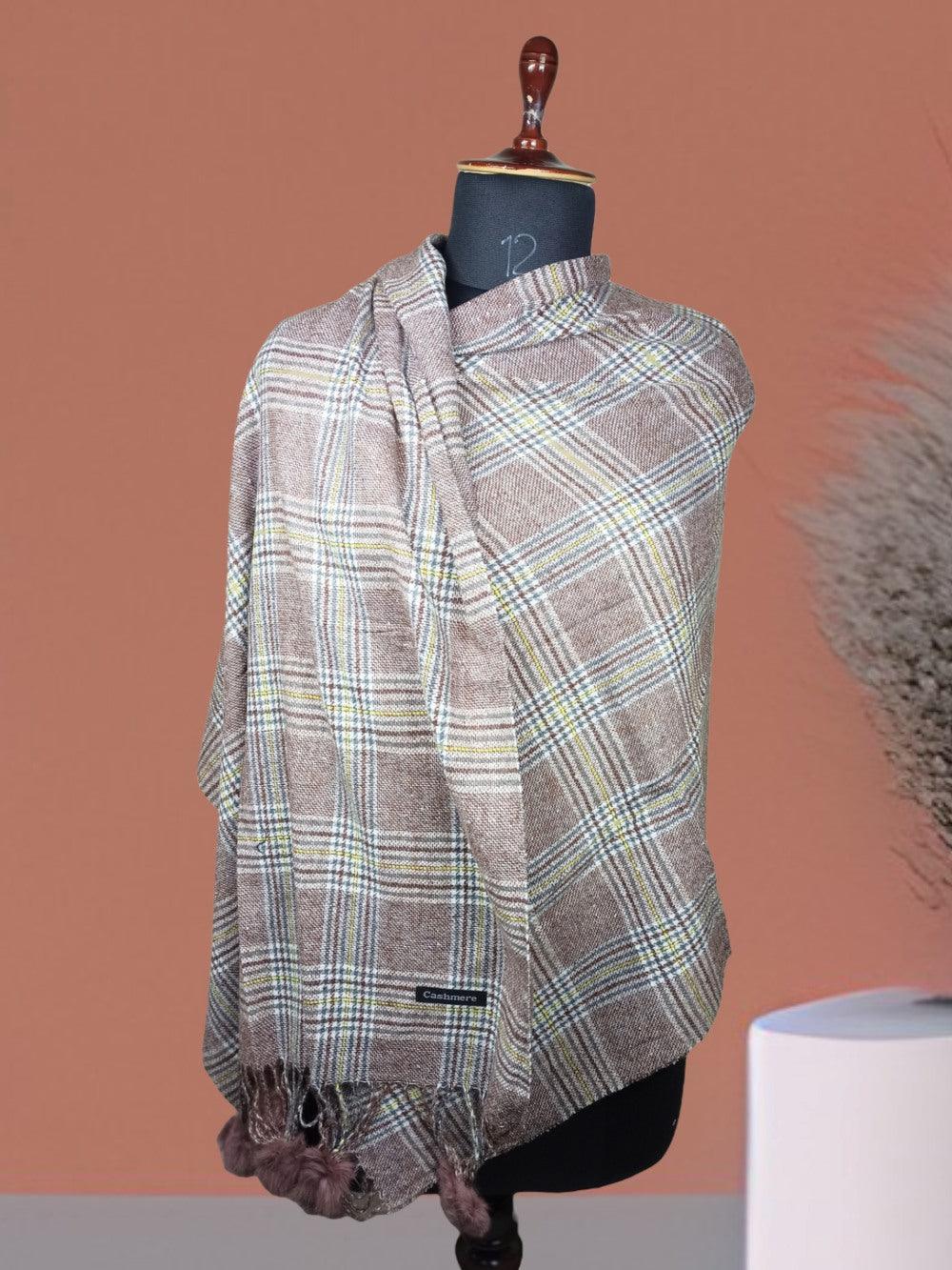 Cashmere Woolen Stole | Reversible Stole | Check Design With Fur Balls - ZANSKAR ARTS