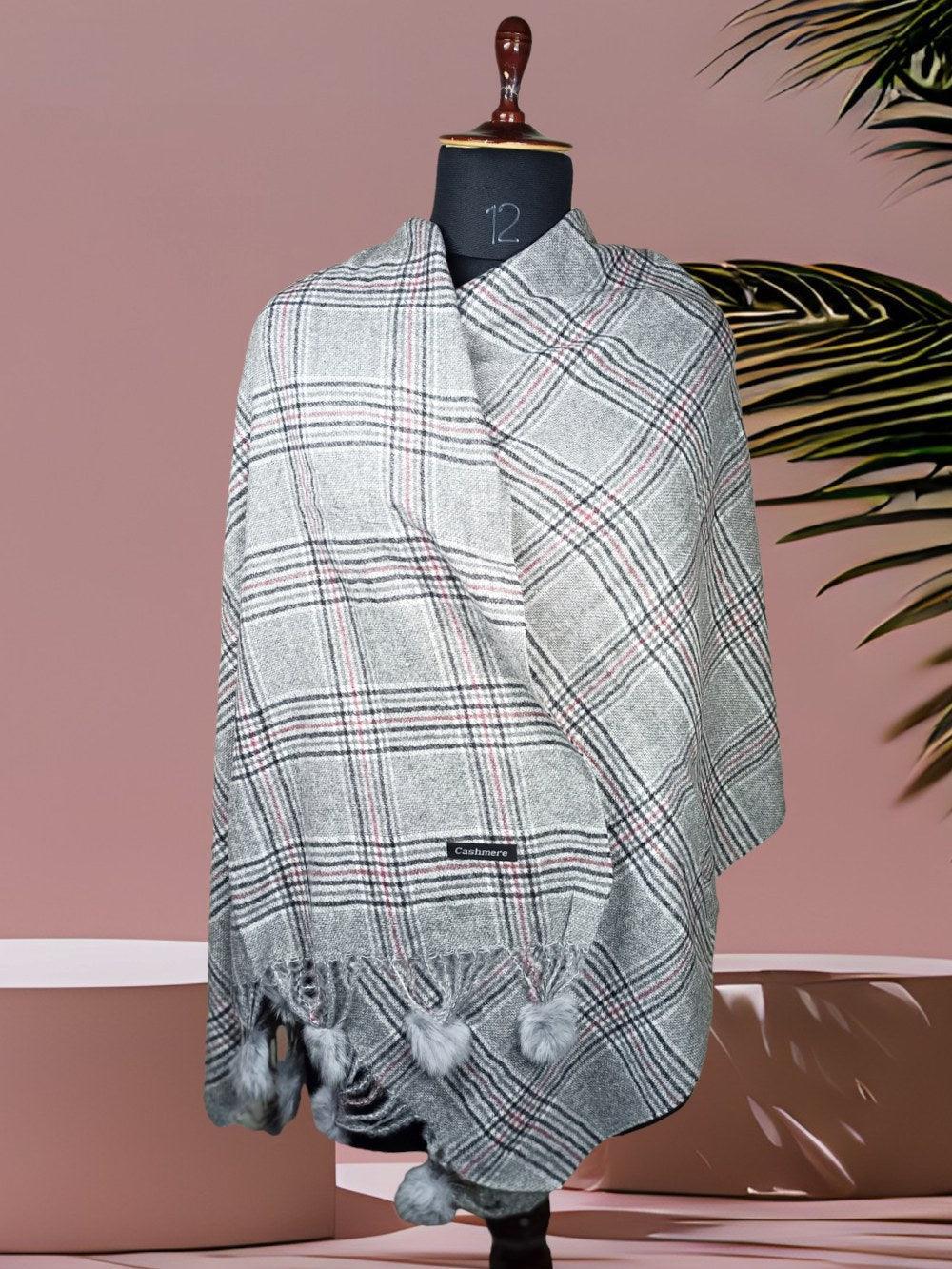 Cashmere Woolen Stole | Reversible Stole | Check Design With Fur Balls - ZANSKAR ARTS