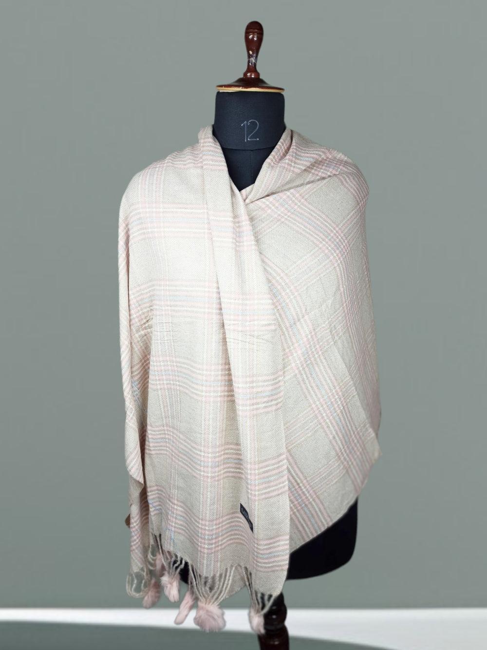 Cashmere Woolen Stole | Reversible Stole | Check Design With Fur Balls - ZANSKAR ARTS