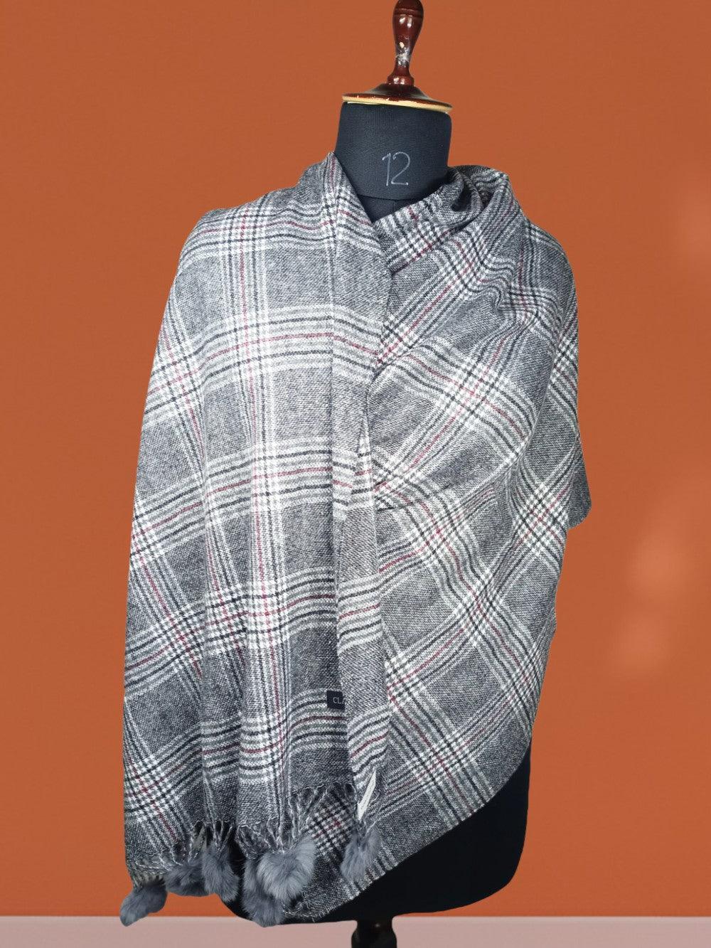 Cashmere Woolen Stole | Reversible Stole | Check Design With Fur Balls - ZANSKAR ARTS