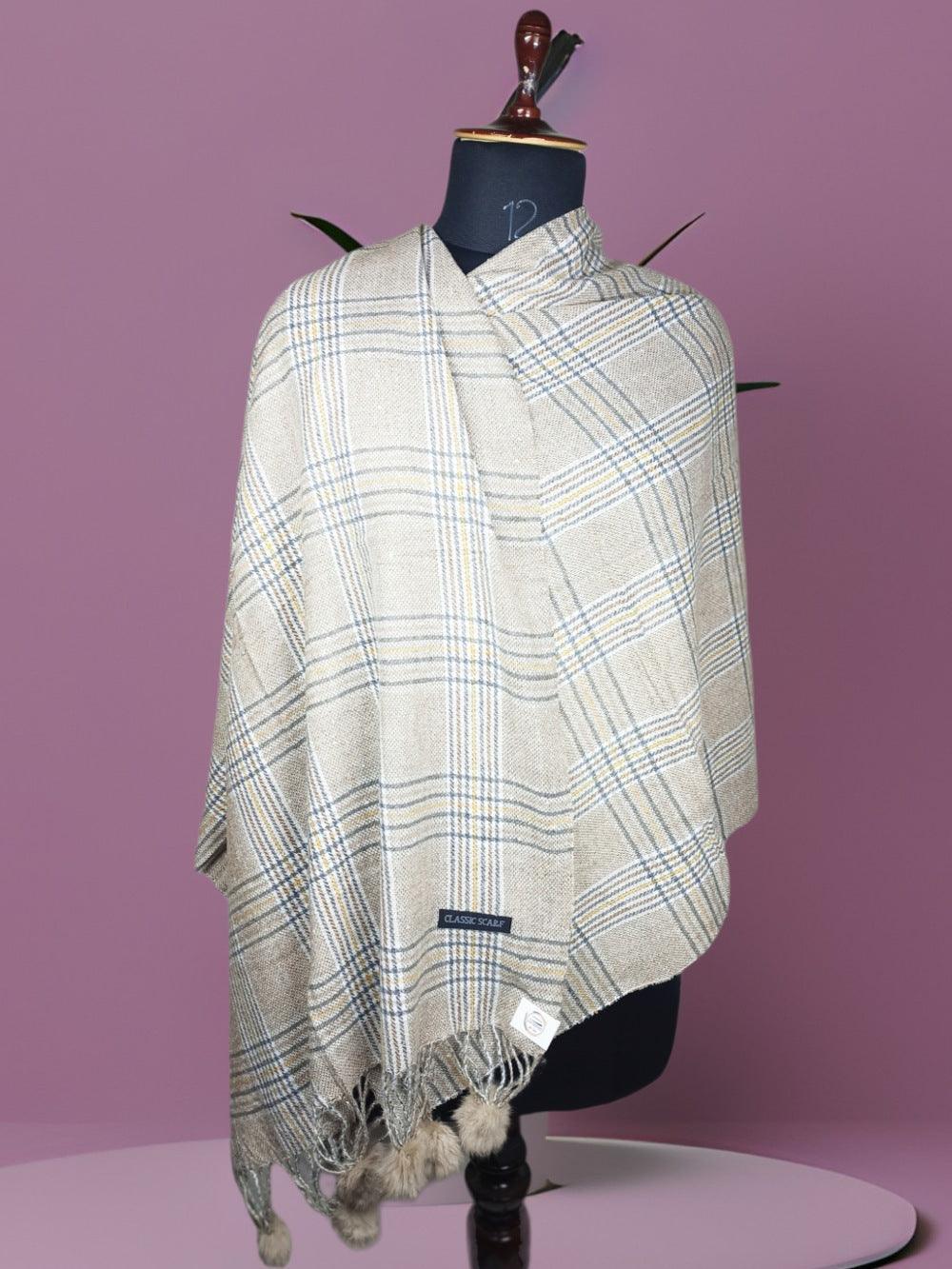 Cashmere Woolen Stole | Reversible Stole | Check Design With Fur Balls - ZANSKAR ARTS