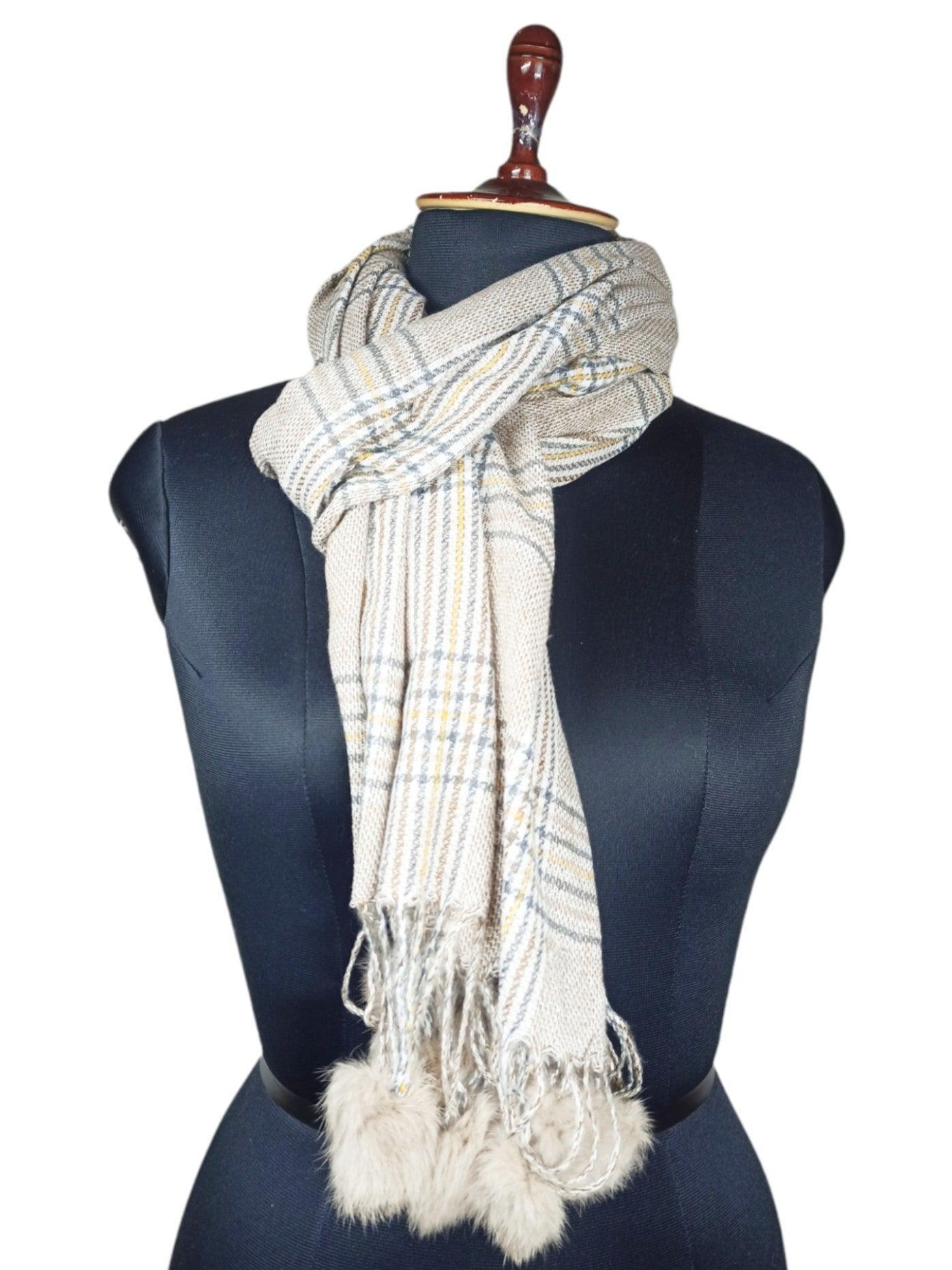 Cashmere Woolen Stole | Reversible Stole | Check Design With Fur Balls - ZANSKAR ARTS