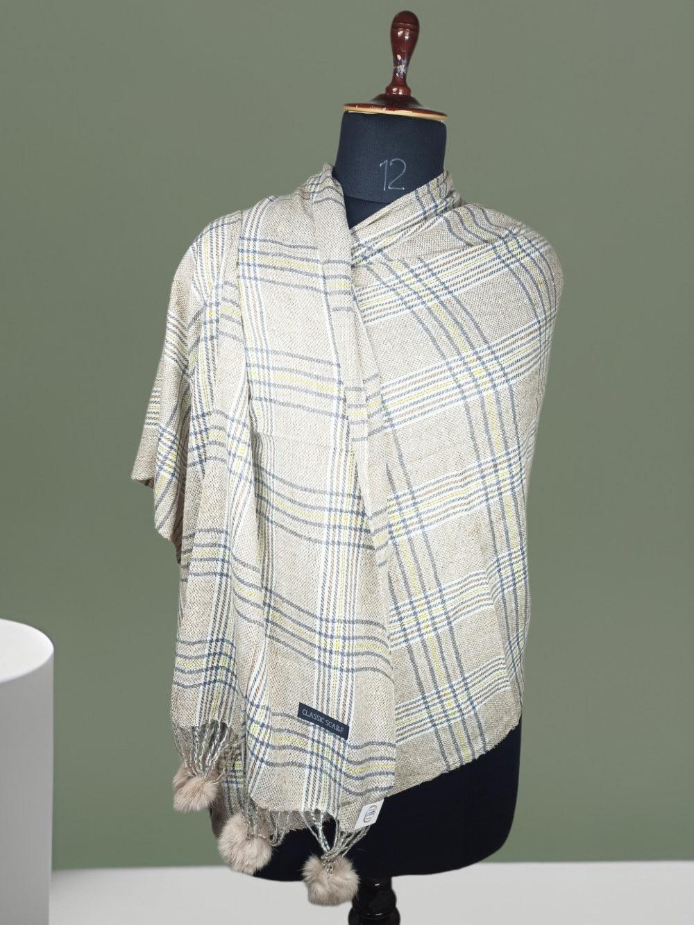 Cashmere Woolen Stole | Reversible Stole | Check Design With Fur Balls - ZANSKAR ARTS