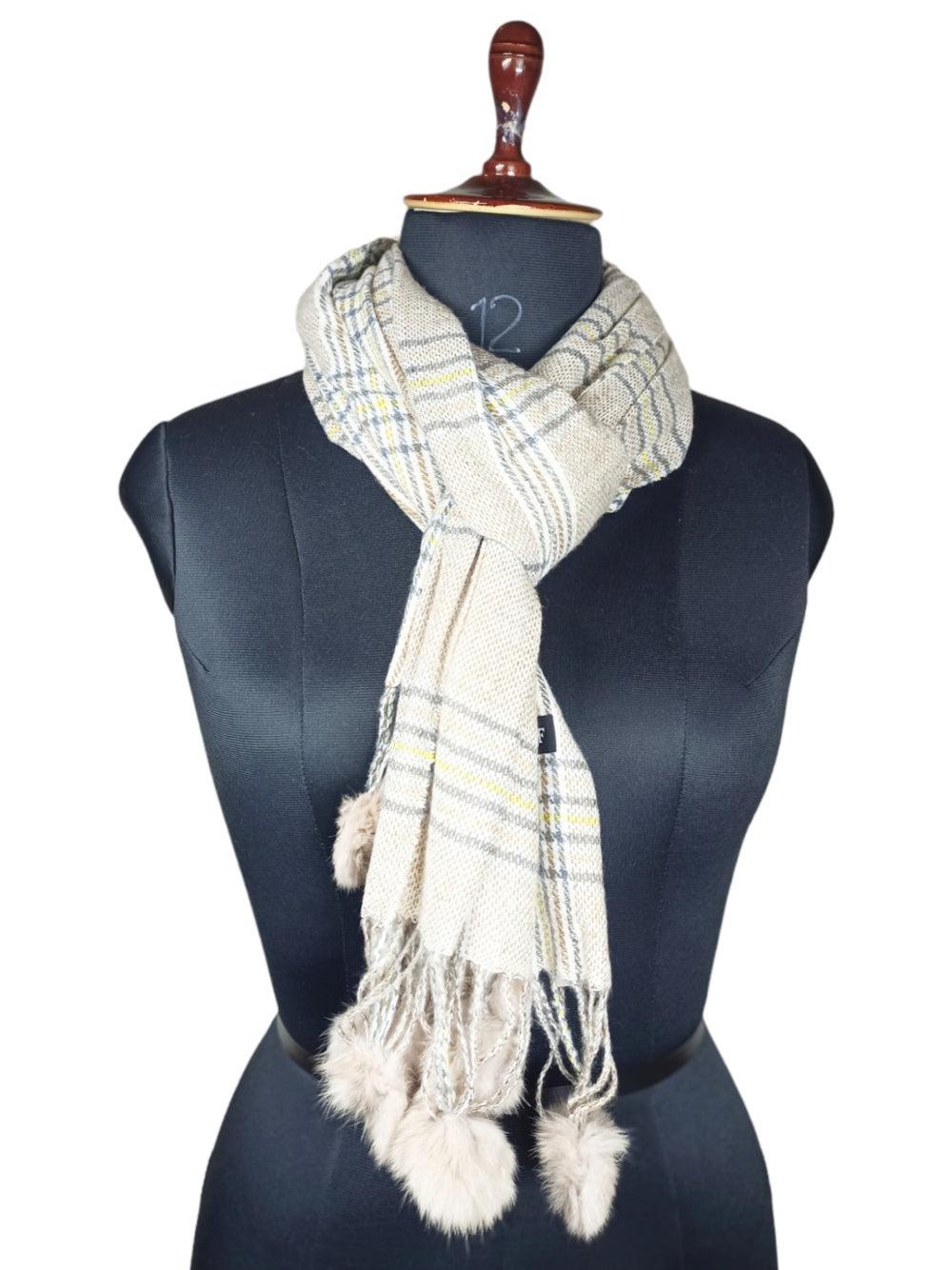 Cashmere Woolen Stole | Reversible Stole | Check Design With Fur Balls - ZANSKAR ARTS