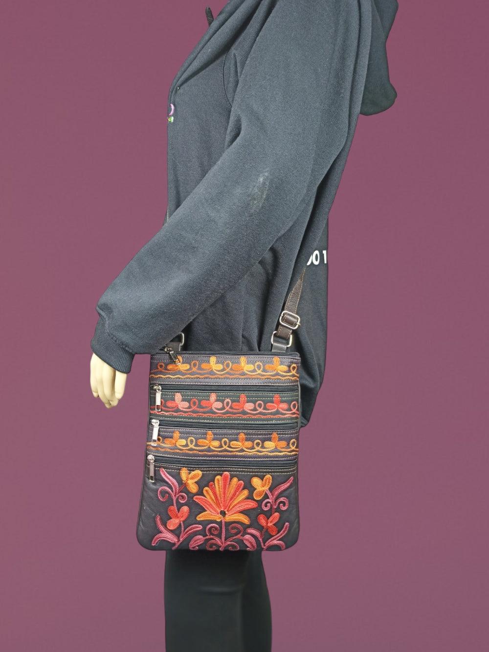 Kashmiri Embroided Sling Bag | Plain 5 Zipper | Sling Bag For Girls - ZANSKAR ARTS