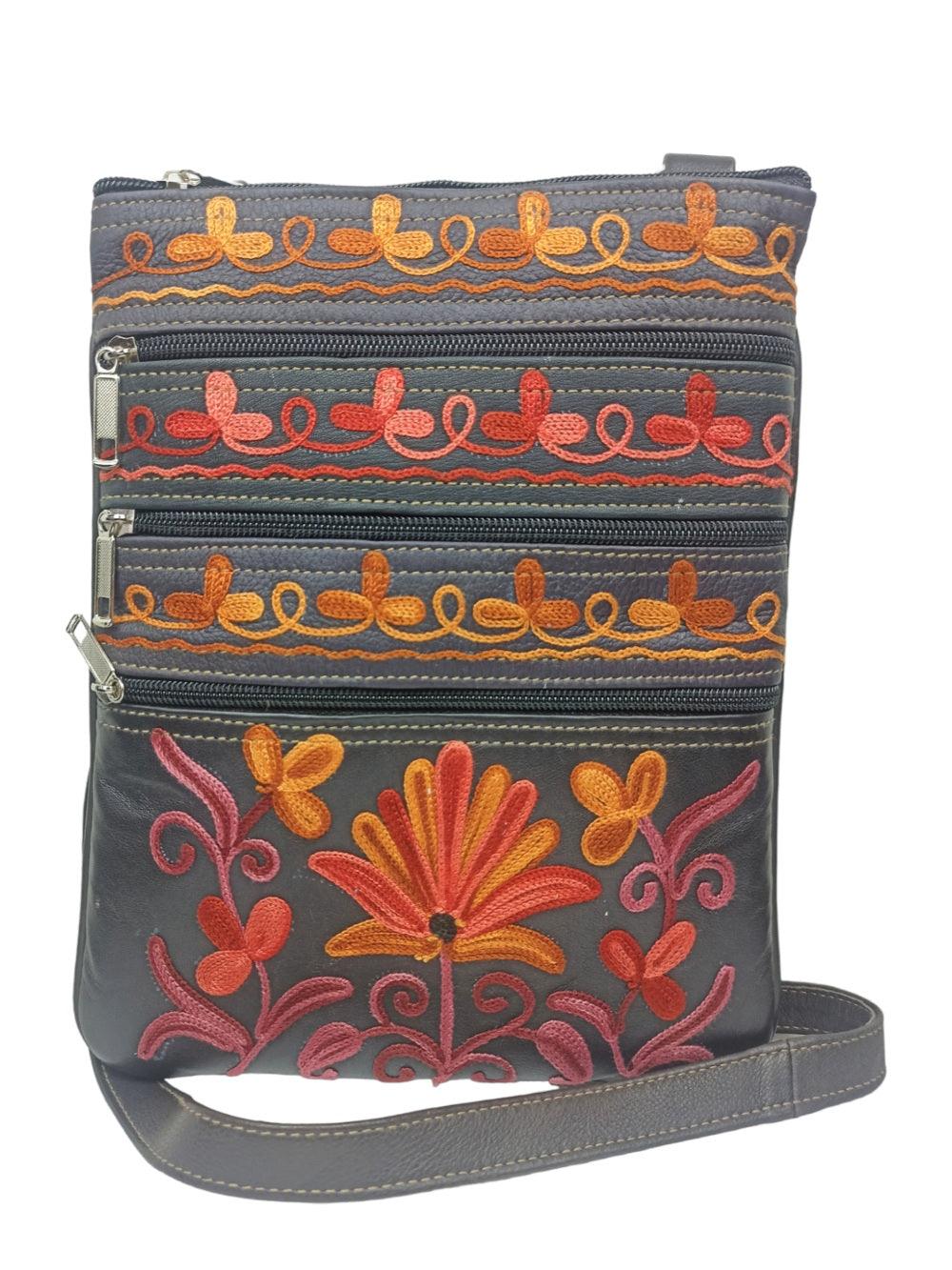 Kashmiri Embroided Sling Bag | Plain 5 Zipper | Sling Bag For Girls - ZANSKAR ARTS