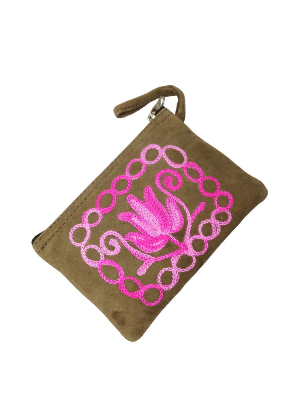 Suede Leather Purse Single Zip | Aari Hand Purch | 4"Zip Purse - ZANSKAR ARTS