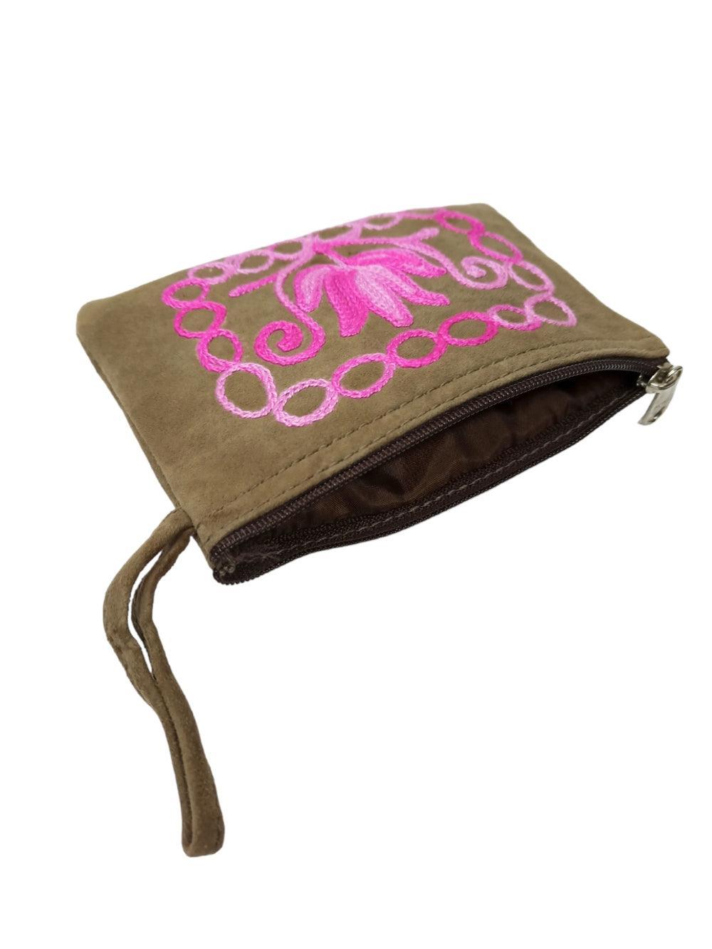 Suede Leather Purse Single Zip | Aari Hand Purch | 4"Zip Purse - ZANSKAR ARTS