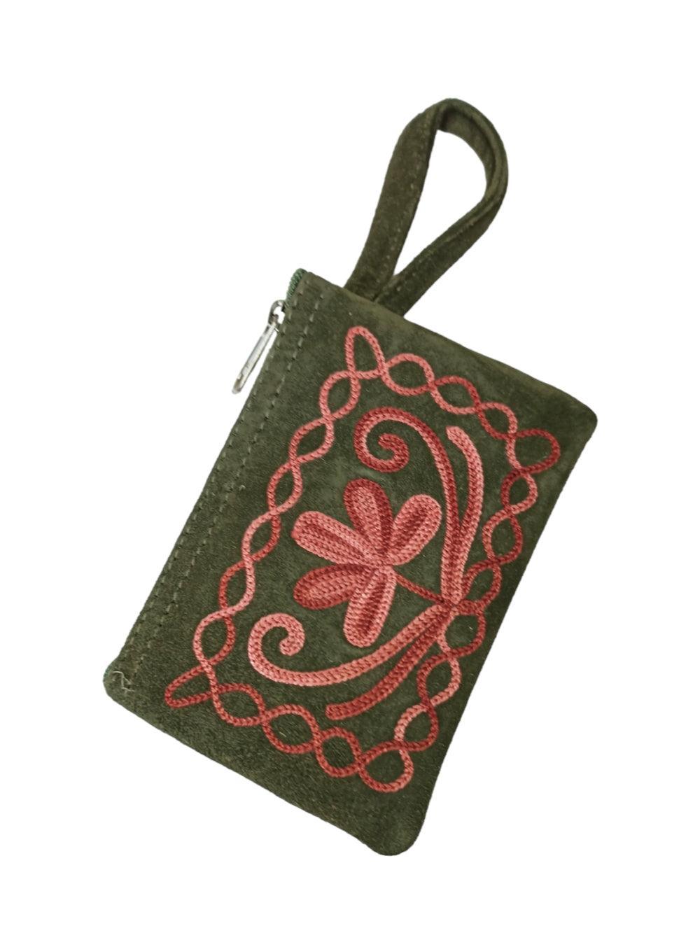 Suede Leather Purse Single Zip | Aari Hand Purch | 4"Zip Purse - ZANSKAR ARTS