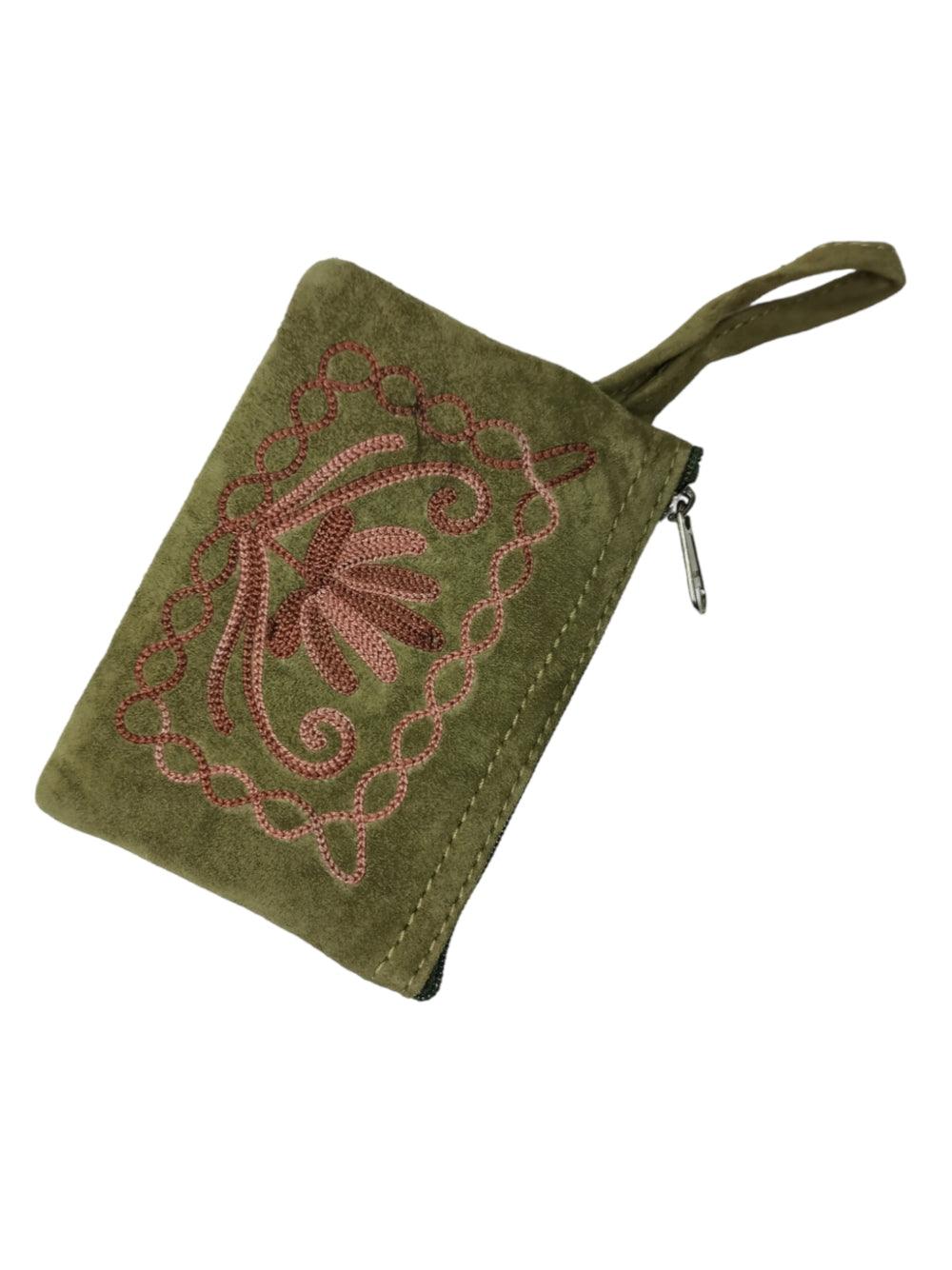 Suede Leather Purse Single Zip | Aari Hand Purch | 4"Zip Purse - ZANSKAR ARTS