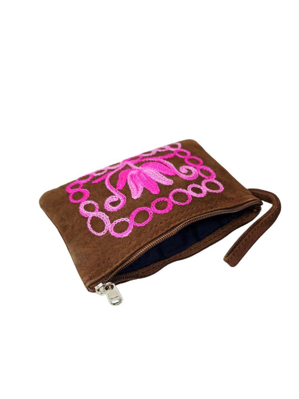 Suede Leather Purse Single Zip | Aari Hand Purch | 4"Zip Purse - ZANSKAR ARTS