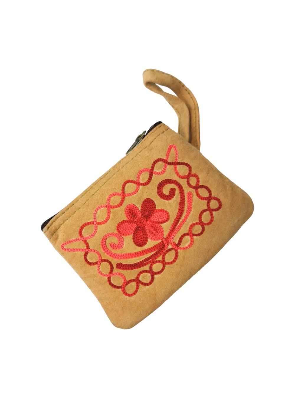 Suede Leather Purse Single Zip | Aari Hand Purch | 4"Zip Purse - ZANSKAR ARTS