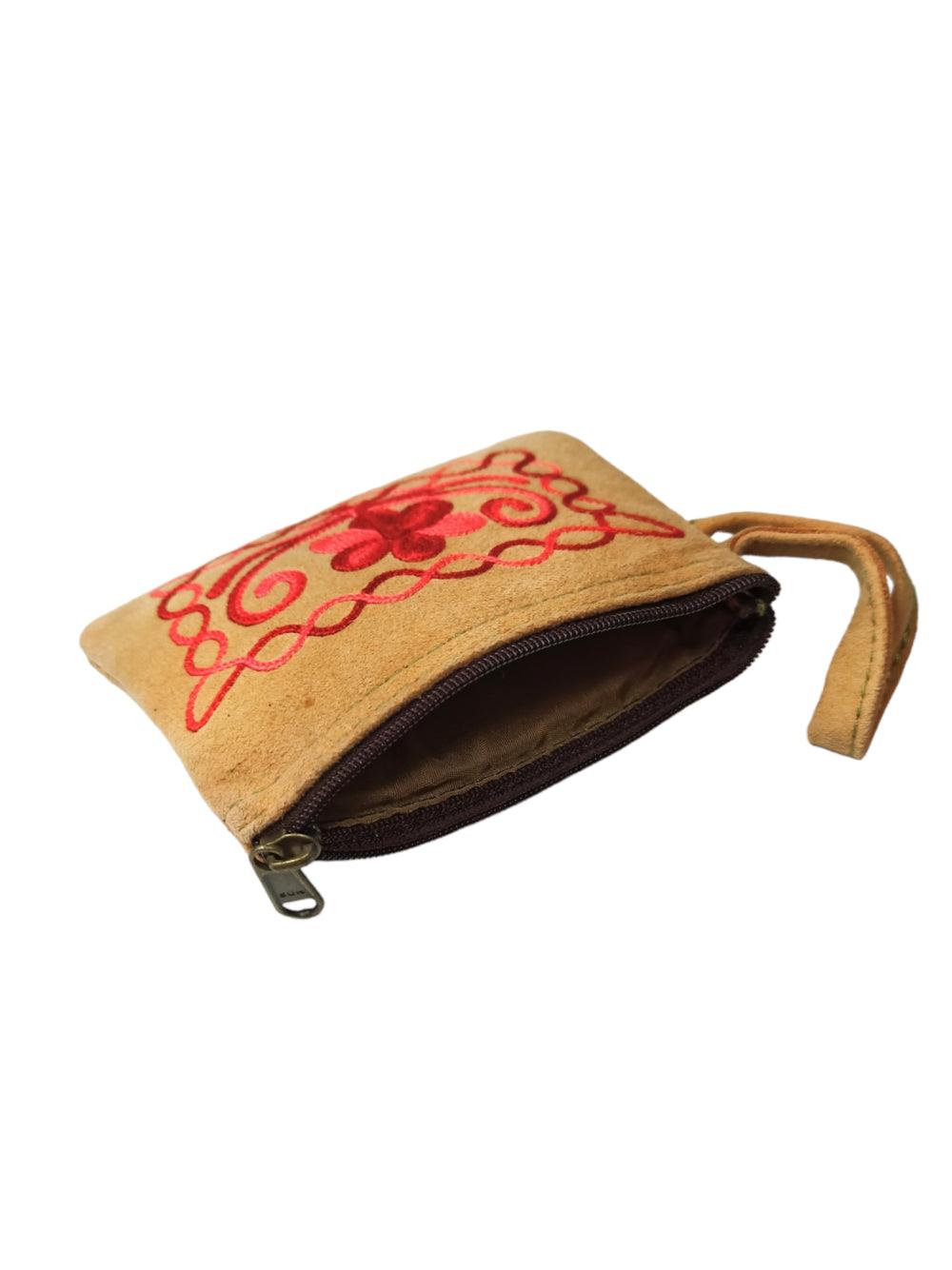 Suede Leather Purse Single Zip | Aari Hand Purch | 4"Zip Purse - ZANSKAR ARTS