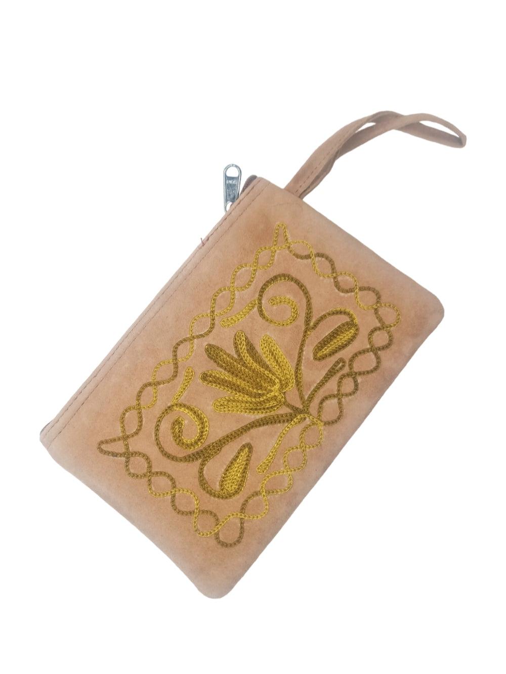 Suede Leather Purse Single Zip | Aari Hand Purch | 6"Zip Purse - ZANSKAR ARTS