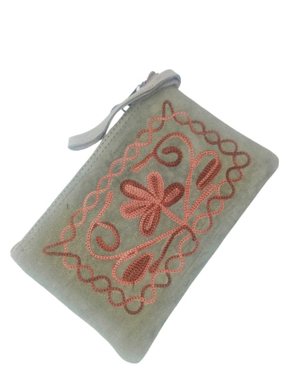 Suede Leather Purse Single Zip | Aari Hand Purch | 6"Zip Purse - ZANSKAR ARTS