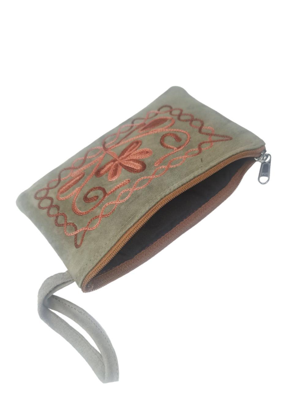 Suede Leather Purse Single Zip | Aari Hand Purch | 6"Zip Purse - ZANSKAR ARTS